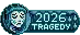 Art Fight Pixel blinkie. A crying face with long hair to the left, and the text '2026 Tragedy' to the right. The background has raining clouds and the whole image is in various blues.