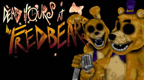 Dead Hours at Fredbear's thumbnail. A yellow bear and yellow rabbit are on the right, both with hollow eyes. The bear is wearing a purple hat and bow tie and is holding a microphone; the rabbit is wearing a purple tie. The logo is visible to the left.