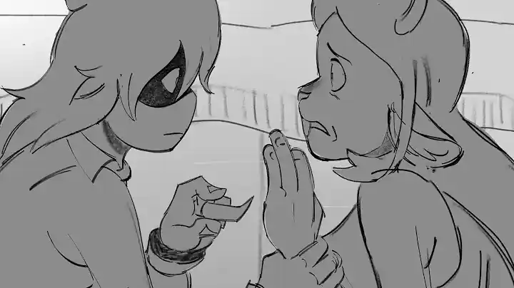 Ring of Thorns Animatic thumbnail. A greyscale closeup of Kris and Noelle from DELTARUNE. Kris has a blank expression, staring intensely at Noelle, gripping her wrist tightly. Noelle is staring back in fear.